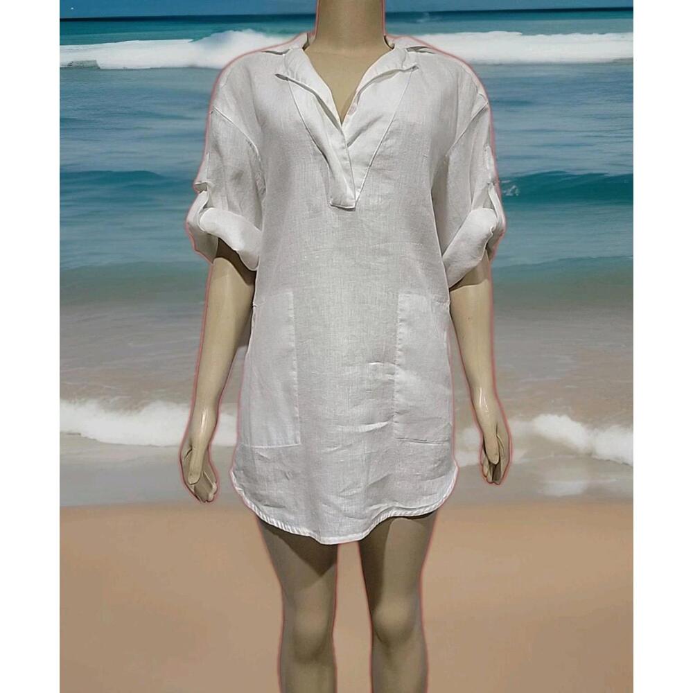 Zara 100% Line Rare Lagenlook Size S Tunic Mini Dress, Pockets, Roll Tab Slv. #C